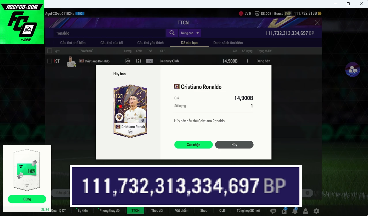 [ACC To,Rẻ🔥] ACC 111.732b trắng vs CR7 CC+6 . Dư 20.000 điểm đào tạo