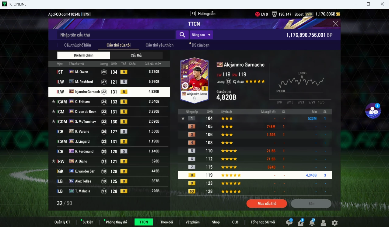 Ảnh [ACC Đẹp,Rẻ🥰🔥] Man Utd. 32.020b dư 1170b có Owen HG, Garnacho 23NG, Rashford TS23, Eriksen HG, Van de Beek HG, McTominay HG, Lingard HG v.v...
