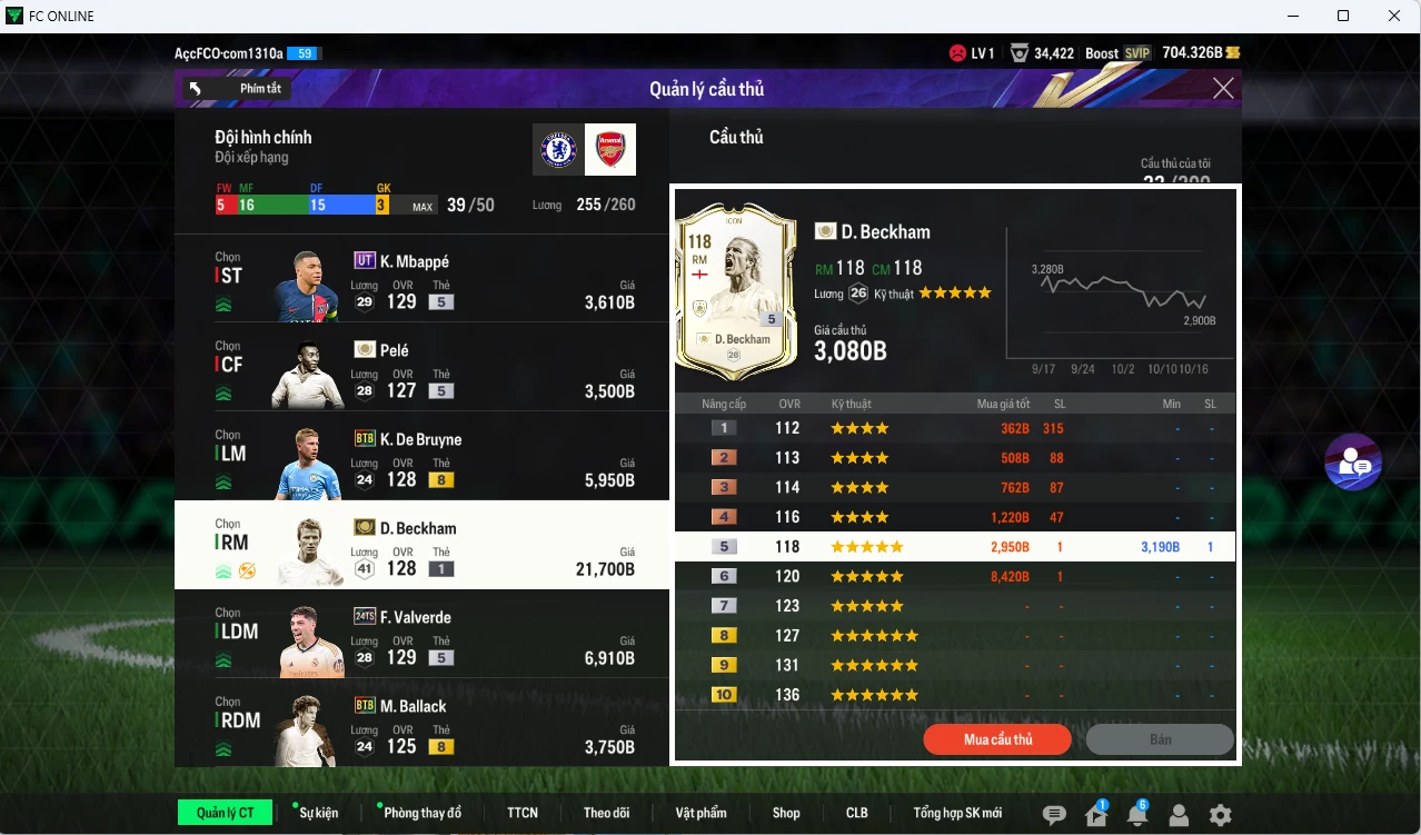 Ảnh Quốc Dân 54.220b có Beckham TM(khóa), Valverde TS24, K. De Bruyne BTB, Ramos DC, Ballack BTB, Mbappe UT, Pele ICON, Maldini CAP dư 700b