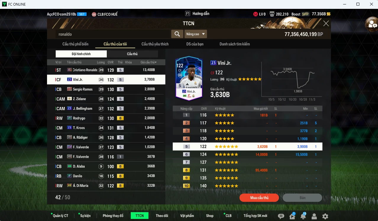 Ảnh [ACC Rẻ🔥] Real Madrid 57.710b có Ronaldo TM(khóa) , CR7 CC, Vini 23UCL, Ramos DC, Zidane ICON, Bellingham 23UCL, Rodrygo SPL, Kroos 23UCL, Rudiger TS24, Valverde CU...