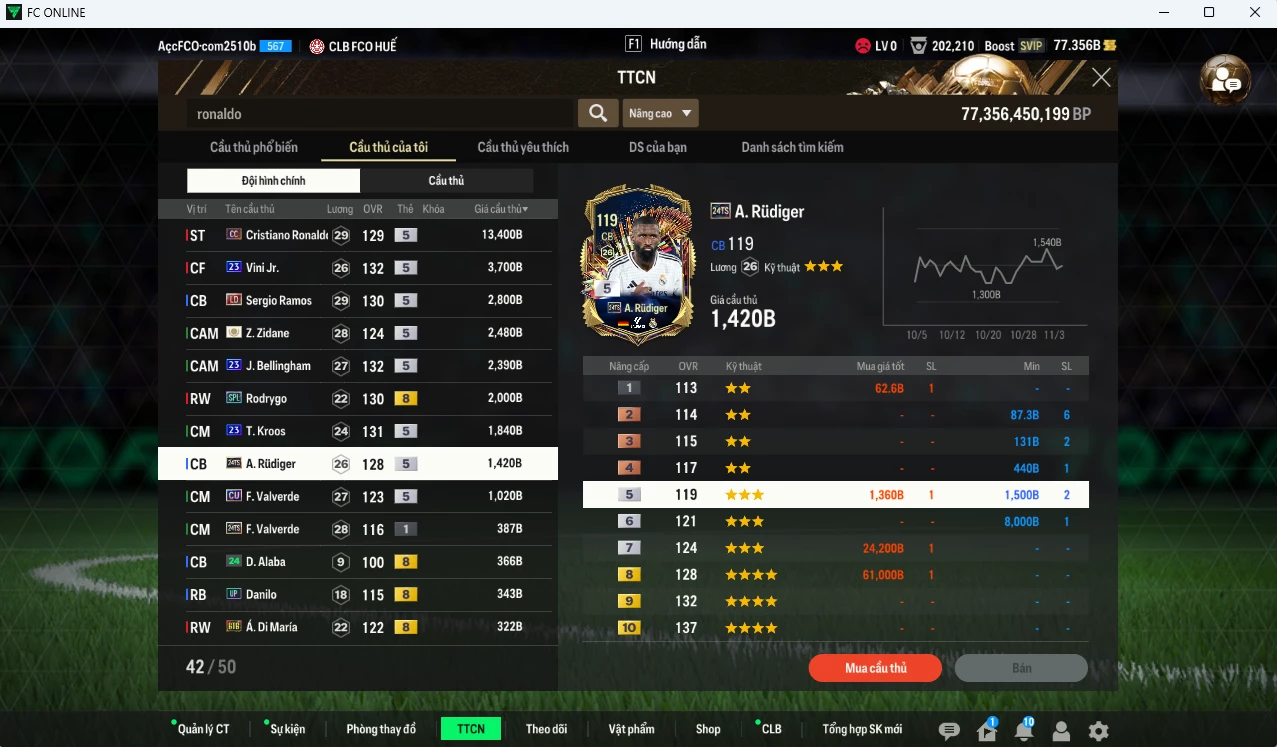 Ảnh [ACC Rẻ🔥] Real Madrid 57.710b có Ronaldo TM(khóa) , CR7 CC, Vini 23UCL, Ramos DC, Zidane ICON, Bellingham 23UCL, Rodrygo SPL, Kroos 23UCL, Rudiger TS24, Valverde CU...