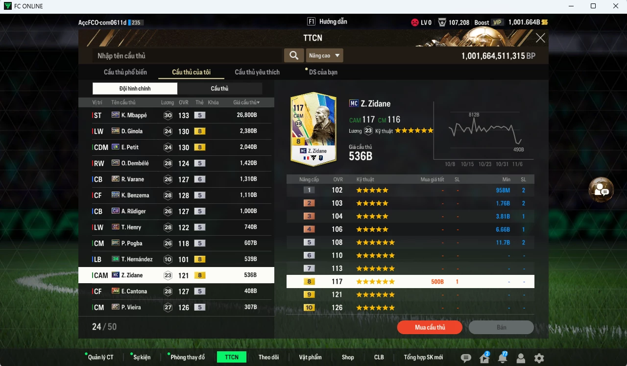 Ảnh Team Pháp đầu tàu Mbappé TY24 40.250b có Mbappé TY24, Ginola 22HR, Petit LN, O. Dembélé TS24, Varane DC+6 , Benzema TS23, Rudiger CU.... dư 1000b