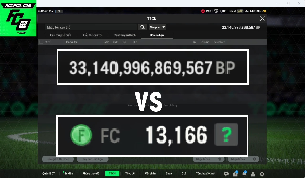 ACC chứa 13.166 FC vs 33.140b trắng (FC đủ full sk Power Pack)