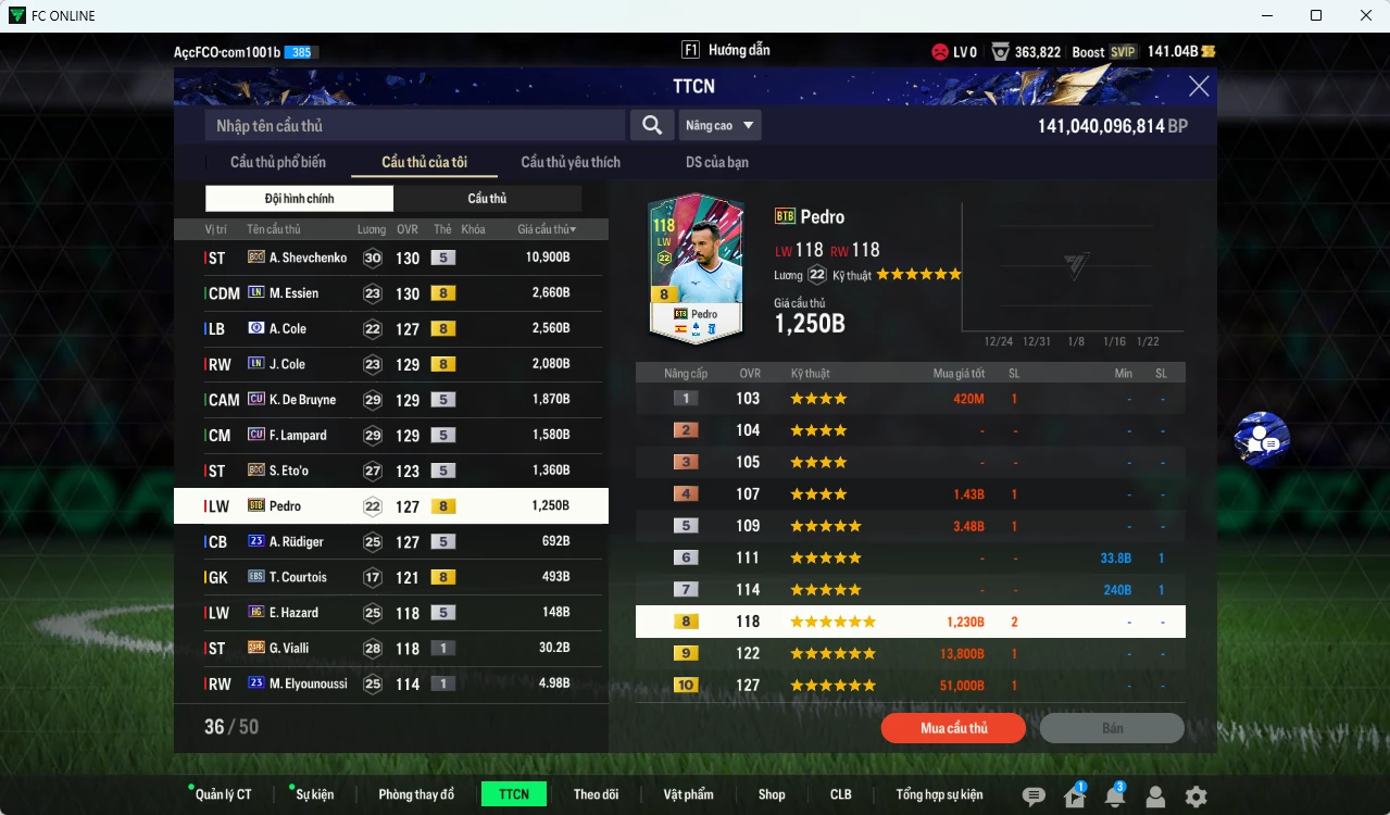 Ảnh Chelsea 25.620b có Sheva BDO, Essien LN, J. Cole LN, A. Cole CFA, K. De Bruyne CU, Lampard CU, Eto BDO, Pedro BTB... dư 140b