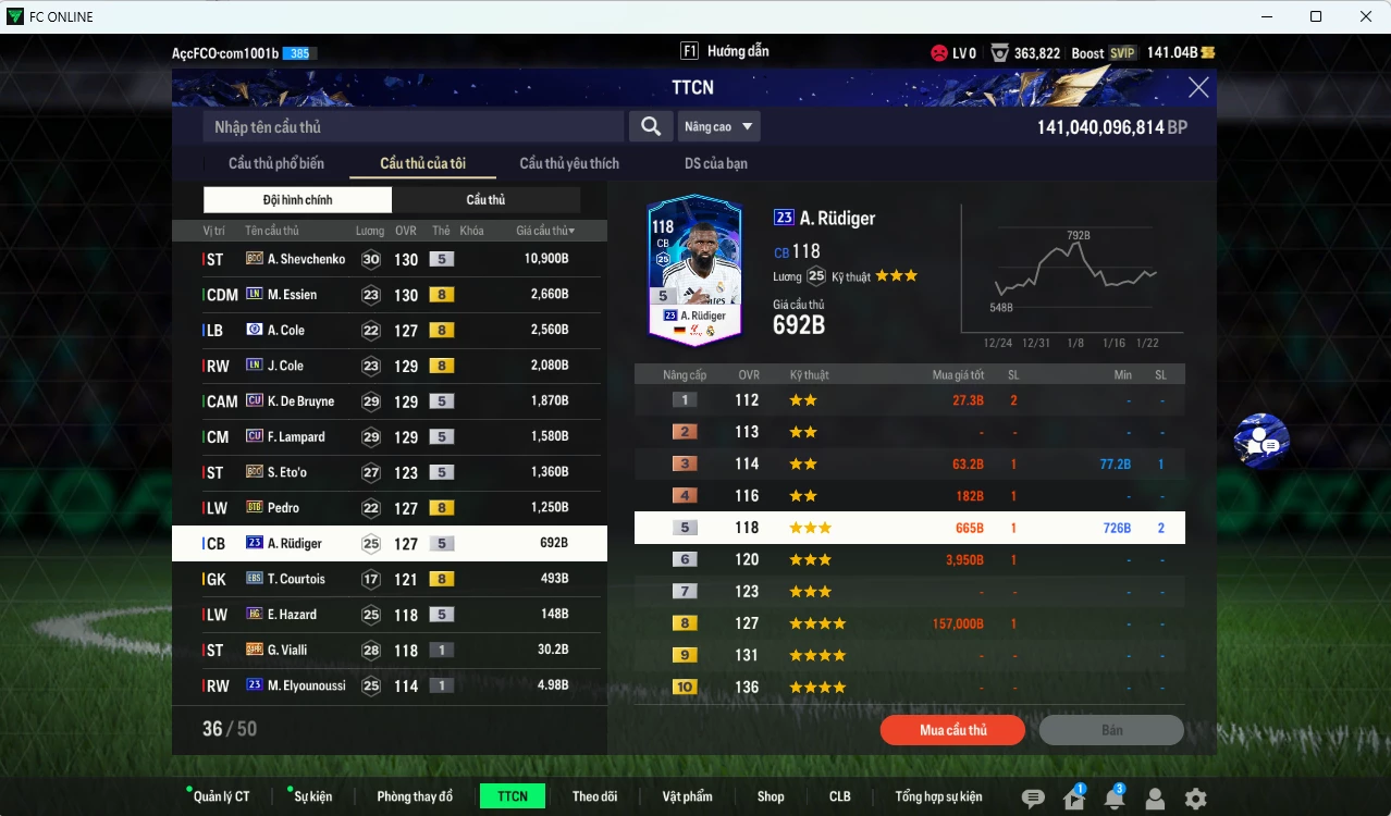 Ảnh Chelsea 25.620b có Sheva BDO, Essien LN, J. Cole LN, A. Cole CFA, K. De Bruyne CU, Lampard CU, Eto BDO, Pedro BTB... dư 140b