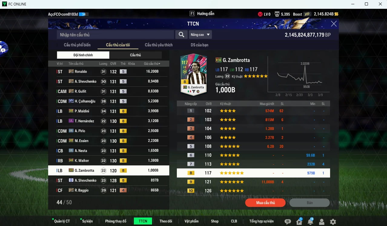 Ảnh AC Milan 57.390b có Ronaldo BDO, Sheva BDO, Gullit BDO, Calhanoglu TY25, Maldini BTB, Theo LOL, Pirlo EBS, Essien BTB, Nesta BTB, Walker BTB... dư 2100b (VIP BK Tháng 3)