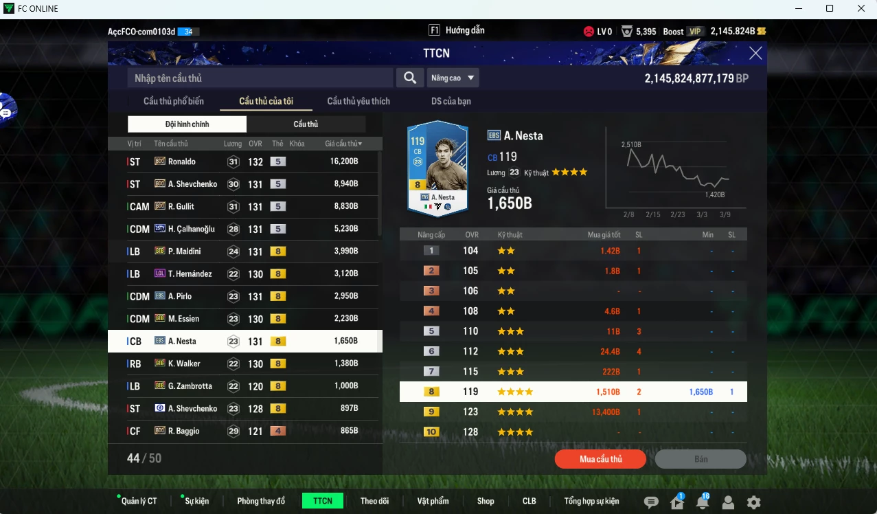 Ảnh AC Milan 57.390b có Ronaldo BDO, Sheva BDO, Gullit BDO, Calhanoglu TY25, Maldini BTB, Theo LOL, Pirlo EBS, Essien BTB, Nesta BTB, Walker BTB... dư 2100b (VIP BK Tháng 3)