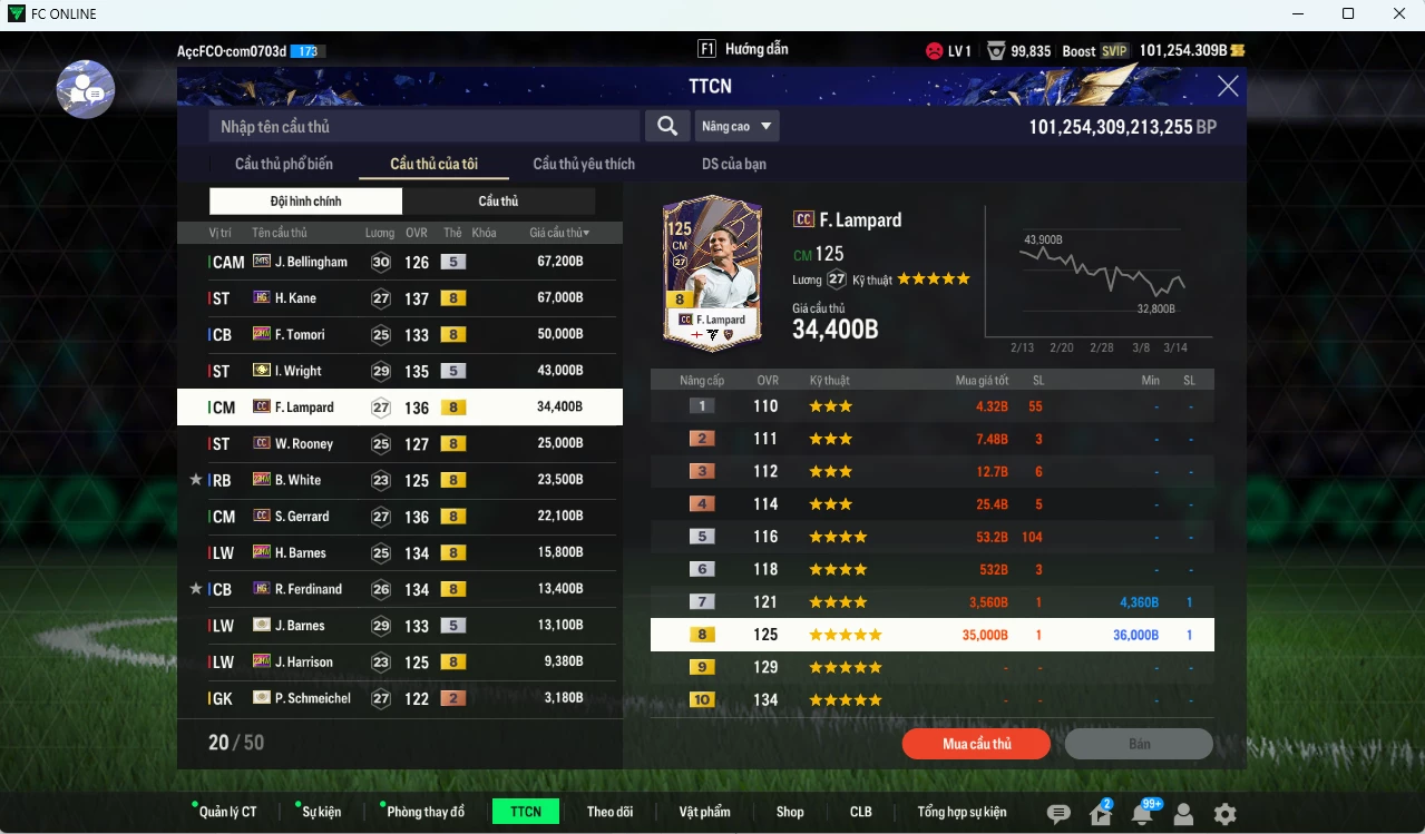 Ảnh [Dư nhiều BP, VIP KC Tháng 4] Team Anh 401.060b dư 101.000b có Bellingham TS24, Wright ITM+5, Kane HG, Tomori 23HW, Lampard CC, Rooney CC, White 23HW, Gerrard CC, Barnes ITM+5,Rio HG, Harrison 23HW... HLV Xịn
