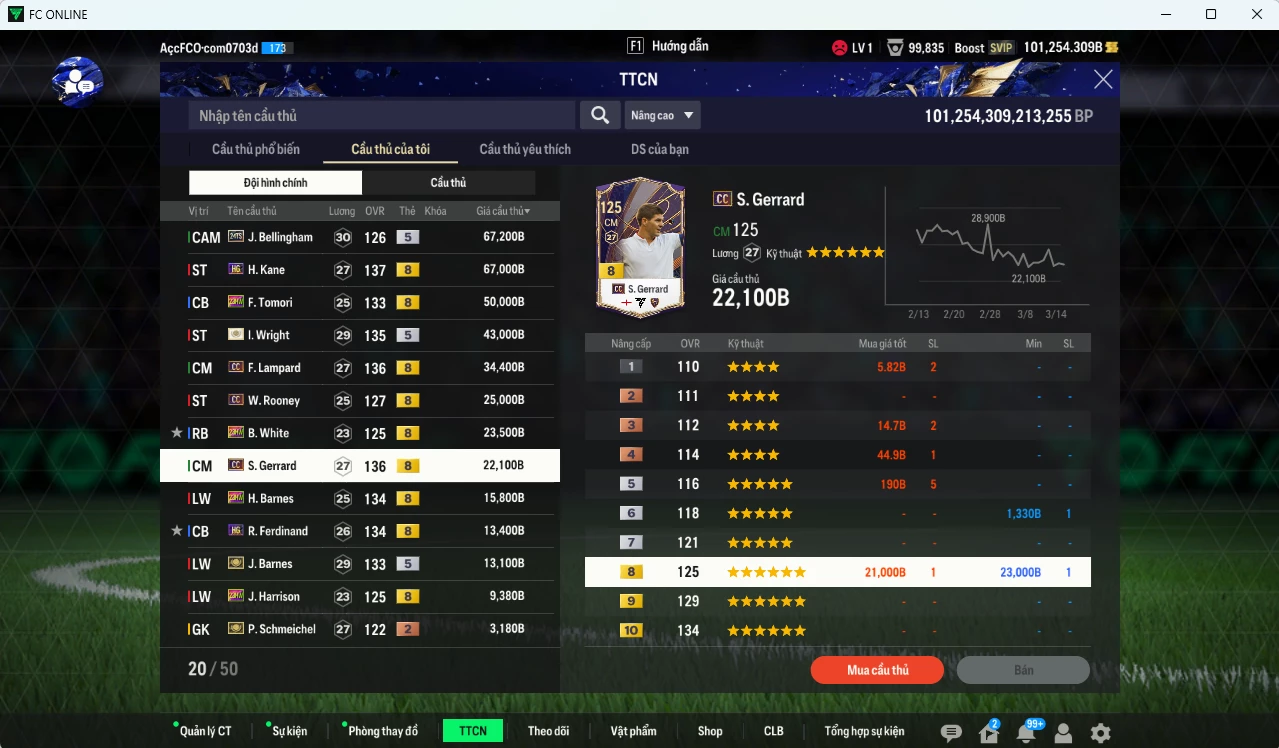 Ảnh [Dư nhiều BP, VIP KC Tháng 4] Team Anh 401.060b dư 101.000b có Bellingham TS24, Wright ITM+5, Kane HG, Tomori 23HW, Lampard CC, Rooney CC, White 23HW, Gerrard CC, Barnes ITM+5,Rio HG, Harrison 23HW... HLV Xịn