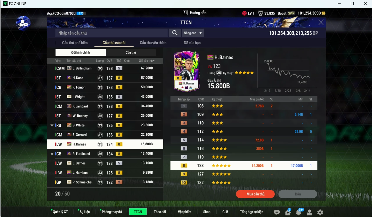Ảnh [Dư nhiều BP, VIP KC Tháng 4] Team Anh 401.060b dư 101.000b có Bellingham TS24, Wright ITM+5, Kane HG, Tomori 23HW, Lampard CC, Rooney CC, White 23HW, Gerrard CC, Barnes ITM+5,Rio HG, Harrison 23HW... HLV Xịn