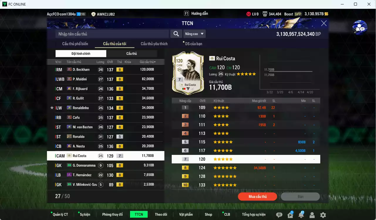 Ảnh [ACC Rẻ🔥] AC Milan 431.290b có Beckham CC, Maldini CC, Rijkaard HG, Gullit LN, Ronaldinho LN, Cafu CC, Van Basten LN, Ronaldo BDO, Nesta HG, Rui Costa ICON+7, Futre BTB+9... dư 1100b. HLV Xịn