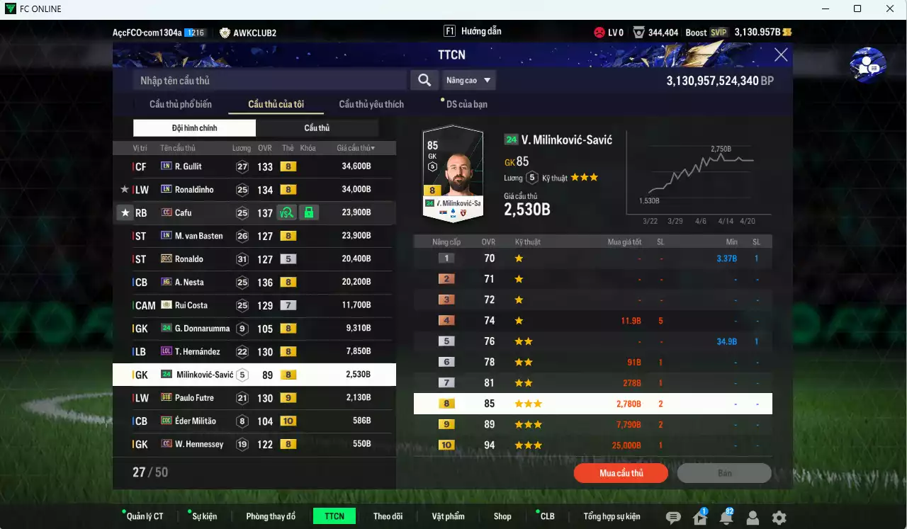 Ảnh [ACC Rẻ🔥] AC Milan 431.290b có Beckham CC, Maldini CC, Rijkaard HG, Gullit LN, Ronaldinho LN, Cafu CC, Van Basten LN, Ronaldo BDO, Nesta HG, Rui Costa ICON+7, Futre BTB+9... dư 1100b. HLV Xịn