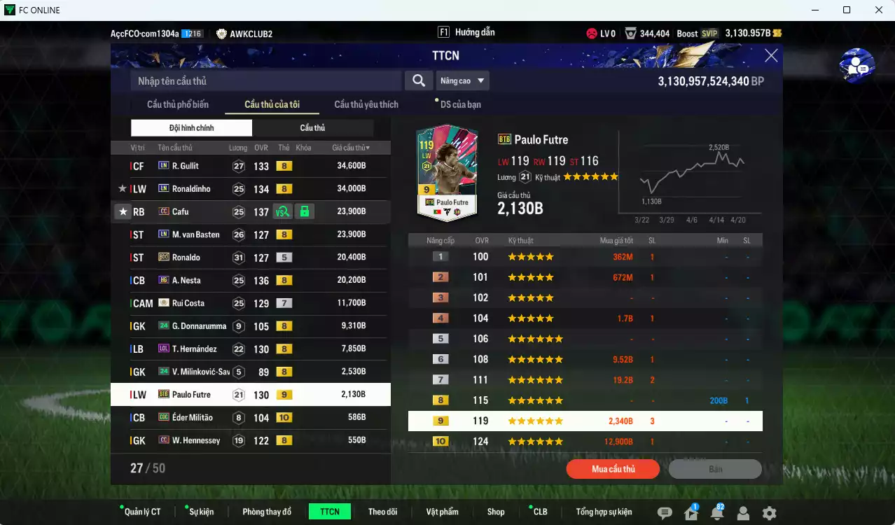 Ảnh [ACC Rẻ🔥] AC Milan 431.290b có Beckham CC, Maldini CC, Rijkaard HG, Gullit LN, Ronaldinho LN, Cafu CC, Van Basten LN, Ronaldo BDO, Nesta HG, Rui Costa ICON+7, Futre BTB+9... dư 1100b. HLV Xịn