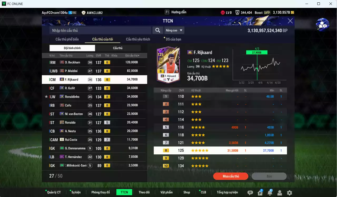 Ảnh [ACC Rẻ🔥] AC Milan 431.290b có Beckham CC, Maldini CC, Rijkaard HG, Gullit LN, Ronaldinho LN, Cafu CC, Van Basten LN, Ronaldo BDO, Nesta HG, Rui Costa ICON+7, Futre BTB+9... dư 1100b. HLV Xịn