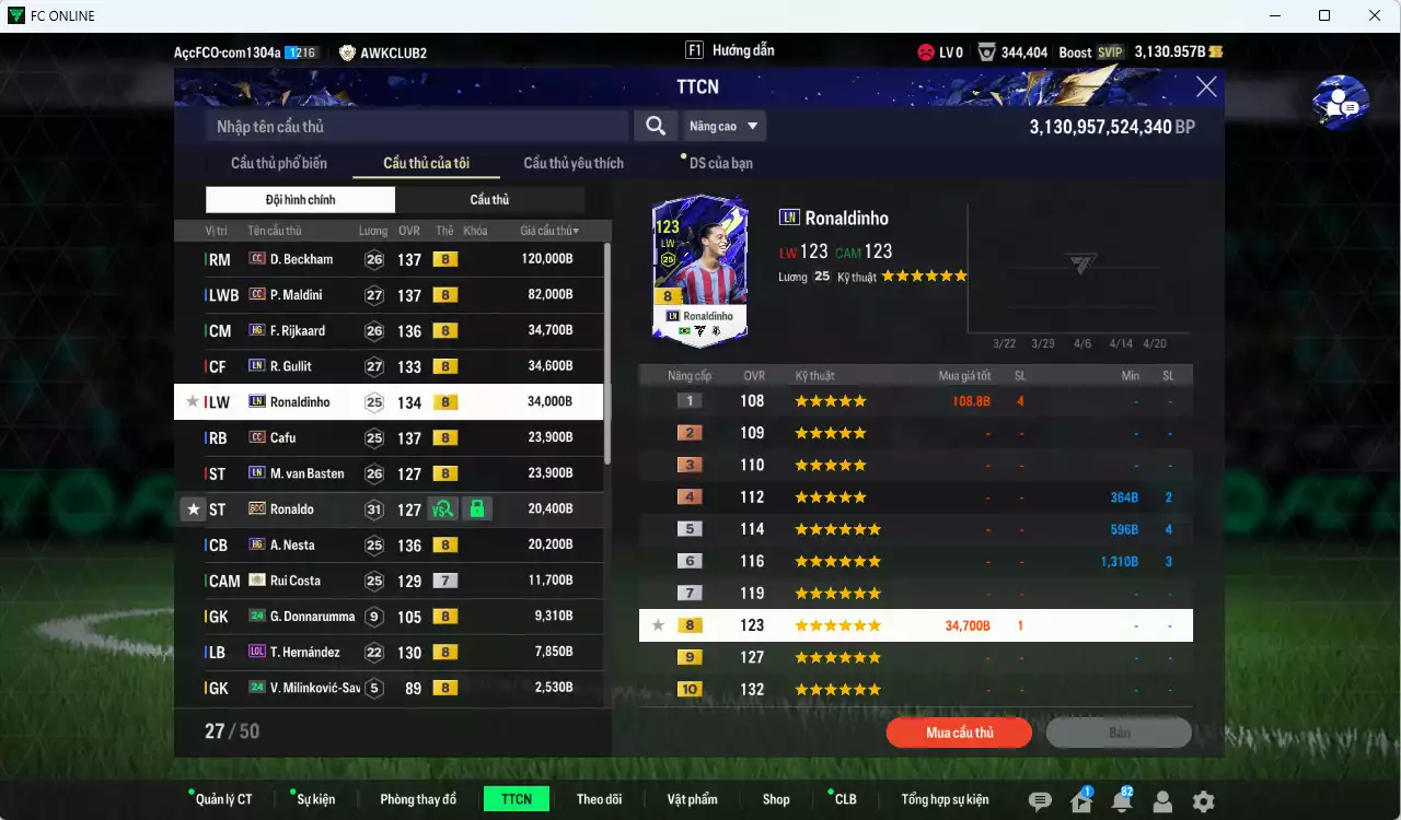 Ảnh [ACC Rẻ🔥] AC Milan 431.290b có Beckham CC, Maldini CC, Rijkaard HG, Gullit LN, Ronaldinho LN, Cafu CC, Van Basten LN, Ronaldo BDO, Nesta HG, Rui Costa ICON+7, Futre BTB+9... dư 1100b. HLV Xịn