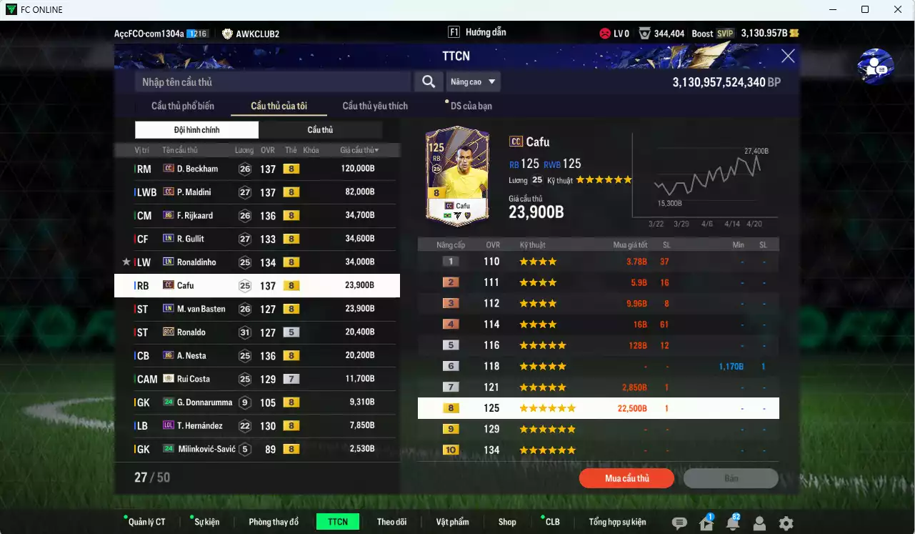 Ảnh [ACC Rẻ🔥] AC Milan 431.290b có Beckham CC, Maldini CC, Rijkaard HG, Gullit LN, Ronaldinho LN, Cafu CC, Van Basten LN, Ronaldo BDO, Nesta HG, Rui Costa ICON+7, Futre BTB+9... dư 1100b. HLV Xịn