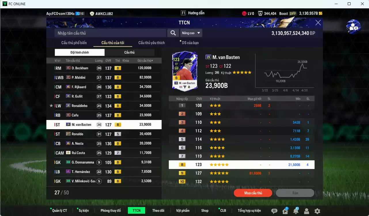 Ảnh [ACC Rẻ🔥] AC Milan 431.290b có Beckham CC, Maldini CC, Rijkaard HG, Gullit LN, Ronaldinho LN, Cafu CC, Van Basten LN, Ronaldo BDO, Nesta HG, Rui Costa ICON+7, Futre BTB+9... dư 1100b. HLV Xịn