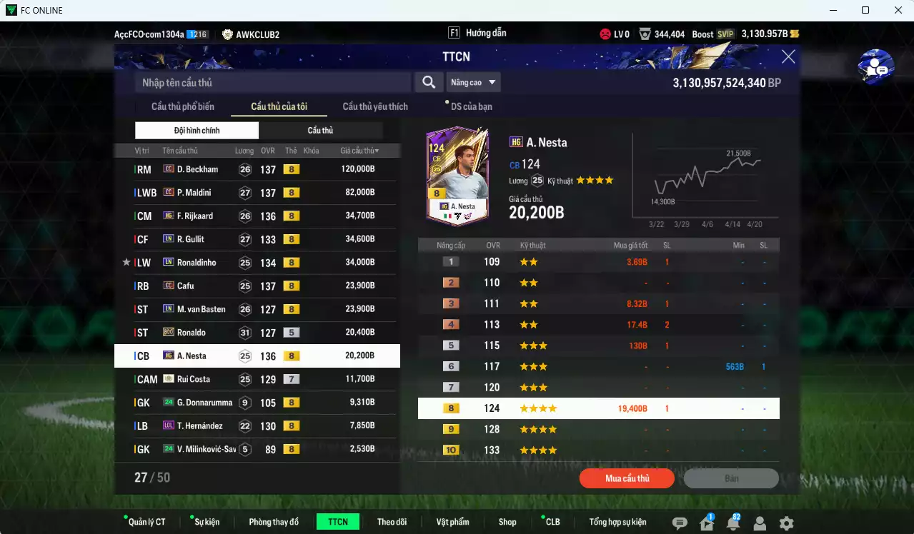Ảnh [ACC Rẻ🔥] AC Milan 431.290b có Beckham CC, Maldini CC, Rijkaard HG, Gullit LN, Ronaldinho LN, Cafu CC, Van Basten LN, Ronaldo BDO, Nesta HG, Rui Costa ICON+7, Futre BTB+9... dư 1100b. HLV Xịn