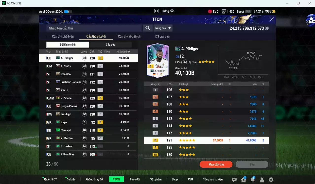 Ảnh [Dư nhiều BP] Real Madrid 179.930b dư 24.200b có Rudiger SPL, CR7 TY25, Vini TS24, Kroos TS24, Ronaldo BDO, Zidane BTB, Ramos LD, Figo BDO