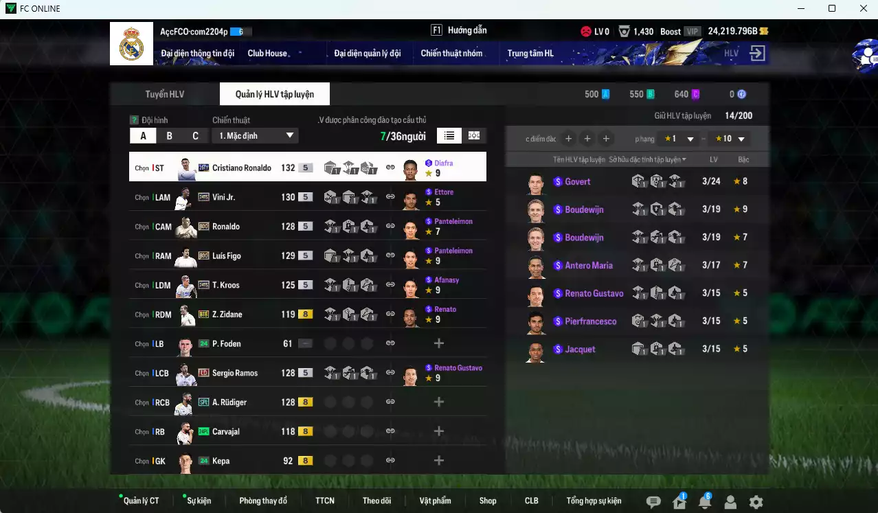 Ảnh [Dư nhiều BP] Real Madrid 179.930b dư 24.200b có Rudiger SPL, CR7 TY25, Vini TS24, Kroos TS24, Ronaldo BDO, Zidane BTB, Ramos LD, Figo BDO