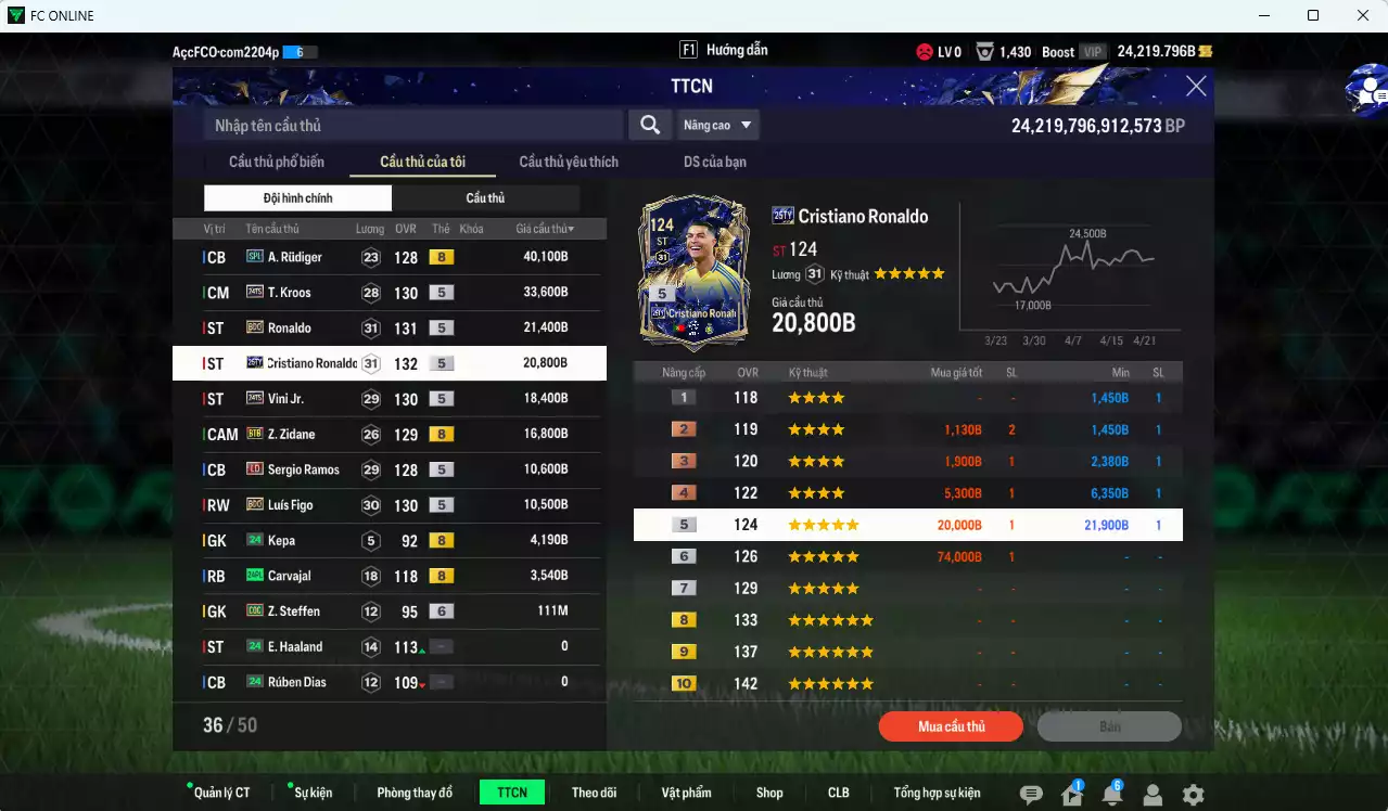 Ảnh [Dư nhiều BP] Real Madrid 179.930b dư 24.200b có Rudiger SPL, CR7 TY25, Vini TS24, Kroos TS24, Ronaldo BDO, Zidane BTB, Ramos LD, Figo BDO