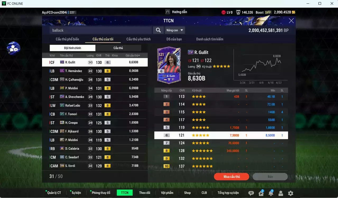 Ảnh AC Milan 48.790b dư 2000b có Gullit CU+6, Calhanoglu TS24, Maldini BTB, Sheva CU, Leão SPL, Tomori SPL, Theo LOL, Crespo MDL, Rijkaard BDO...