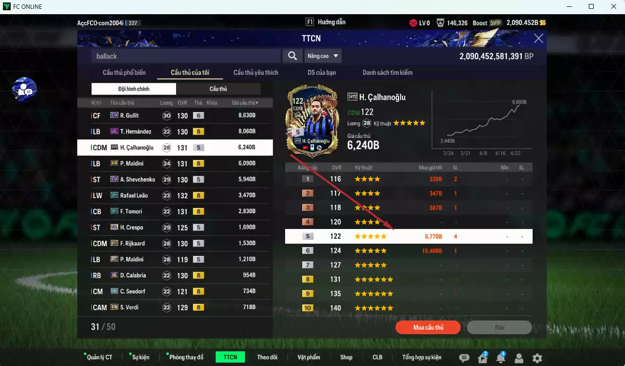 Ảnh AC Milan 48.790b dư 2000b có Gullit CU+6, Calhanoglu TS24, Maldini BTB, Sheva CU, Leão SPL, Tomori SPL, Theo LOL, Crespo MDL, Rijkaard BDO...