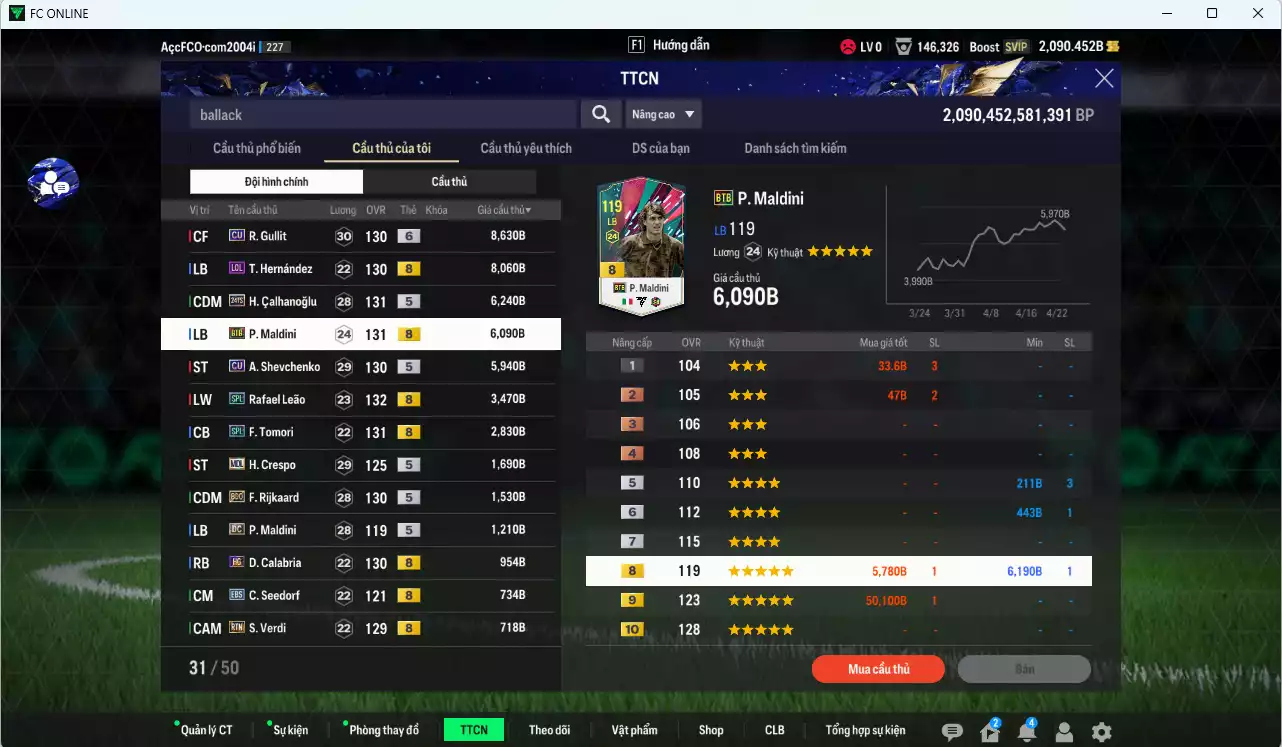 Ảnh AC Milan 48.790b dư 2000b có Gullit CU+6, Calhanoglu TS24, Maldini BTB, Sheva CU, Leão SPL, Tomori SPL, Theo LOL, Crespo MDL, Rijkaard BDO...
