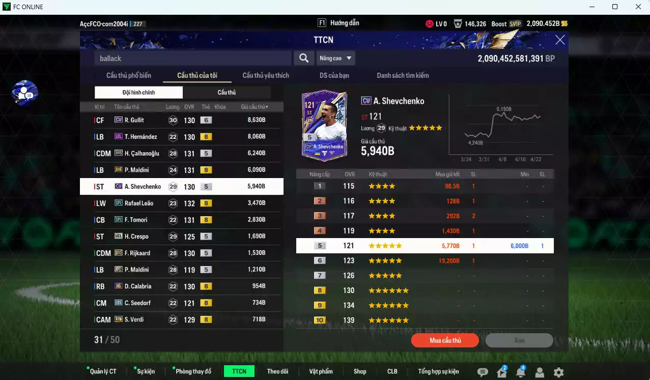 Ảnh AC Milan 48.790b dư 2000b có Gullit CU+6, Calhanoglu TS24, Maldini BTB, Sheva CU, Leão SPL, Tomori SPL, Theo LOL, Crespo MDL, Rijkaard BDO...