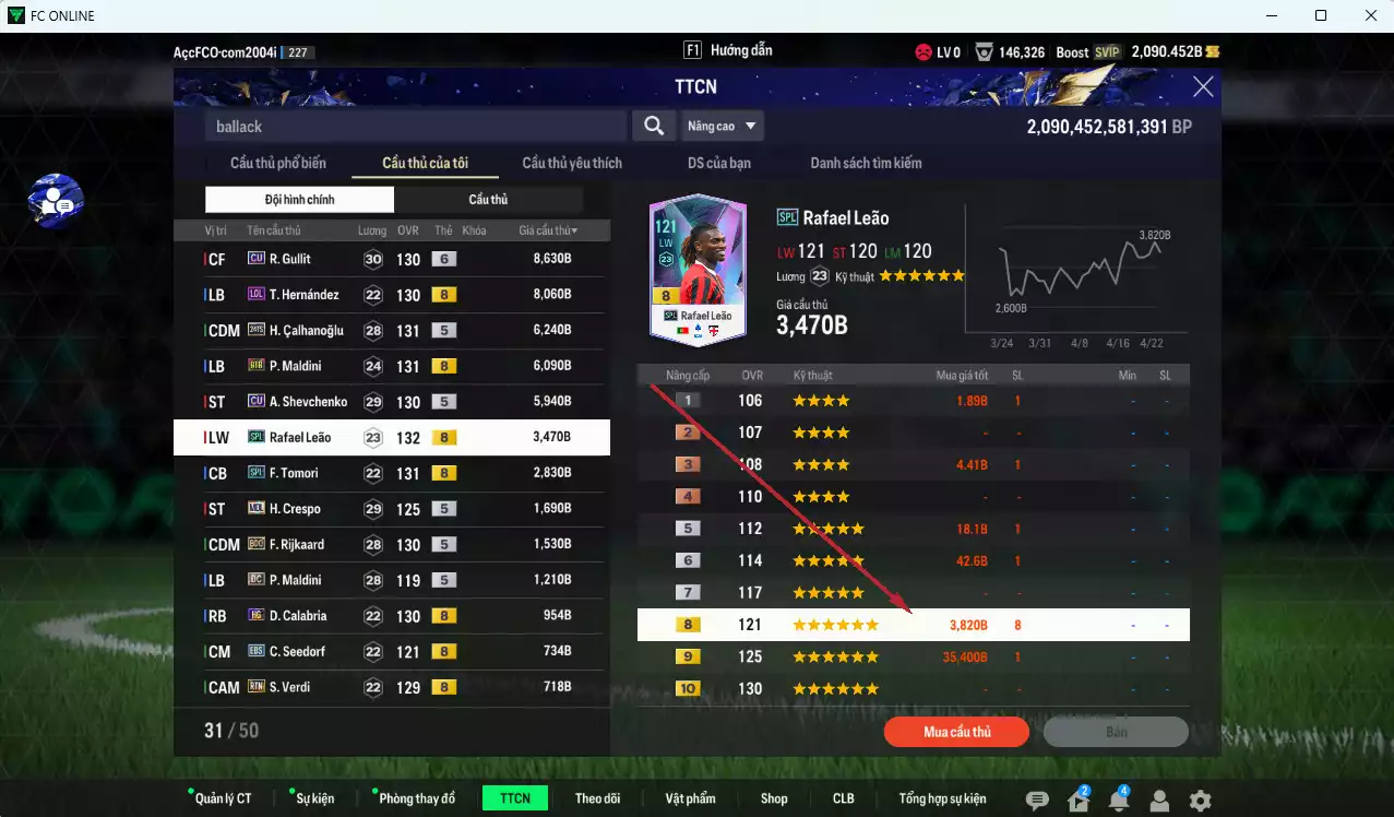Ảnh AC Milan 48.790b dư 2000b có Gullit CU+6, Calhanoglu TS24, Maldini BTB, Sheva CU, Leão SPL, Tomori SPL, Theo LOL, Crespo MDL, Rijkaard BDO...