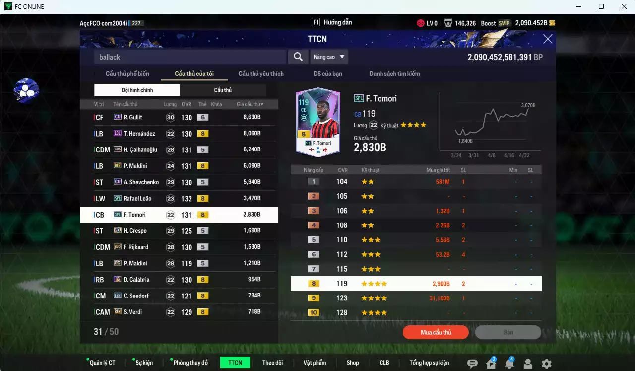 Ảnh AC Milan 48.790b dư 2000b có Gullit CU+6, Calhanoglu TS24, Maldini BTB, Sheva CU, Leão SPL, Tomori SPL, Theo LOL, Crespo MDL, Rijkaard BDO...