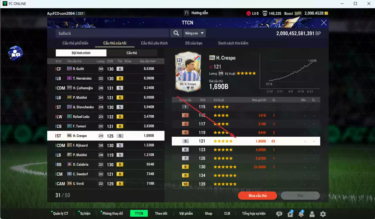 Ảnh AC Milan 48.790b dư 2000b có Gullit CU+6, Calhanoglu TS24, Maldini BTB, Sheva CU, Leão SPL, Tomori SPL, Theo LOL, Crespo MDL, Rijkaard BDO...