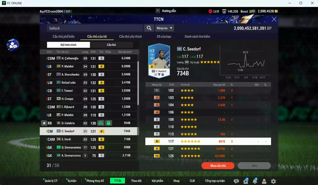 Ảnh AC Milan 48.790b dư 2000b có Gullit CU+6, Calhanoglu TS24, Maldini BTB, Sheva CU, Leão SPL, Tomori SPL, Theo LOL, Crespo MDL, Rijkaard BDO...