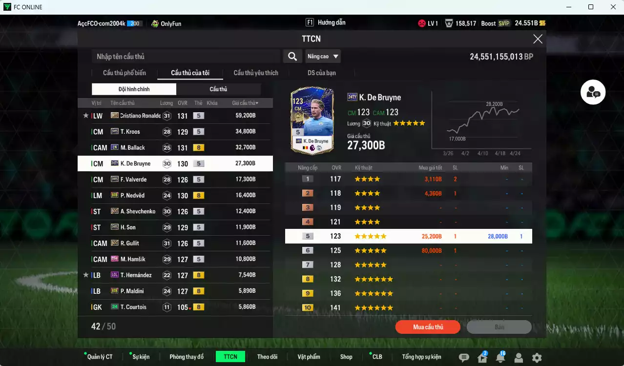 Ảnh [ACC Rẻ🔥] Quốc Dân 263.700b có CR7 BLD, Ballack LN, K. De Bruyne TY24, Kroos TS24, Valverde TS24, Nedved BTB, Sheva BDO, H. Son TS24, Gullit BDO, Hamsik 25HR, Maldini BTB, Van de Ven 23NG... HLV Xịn