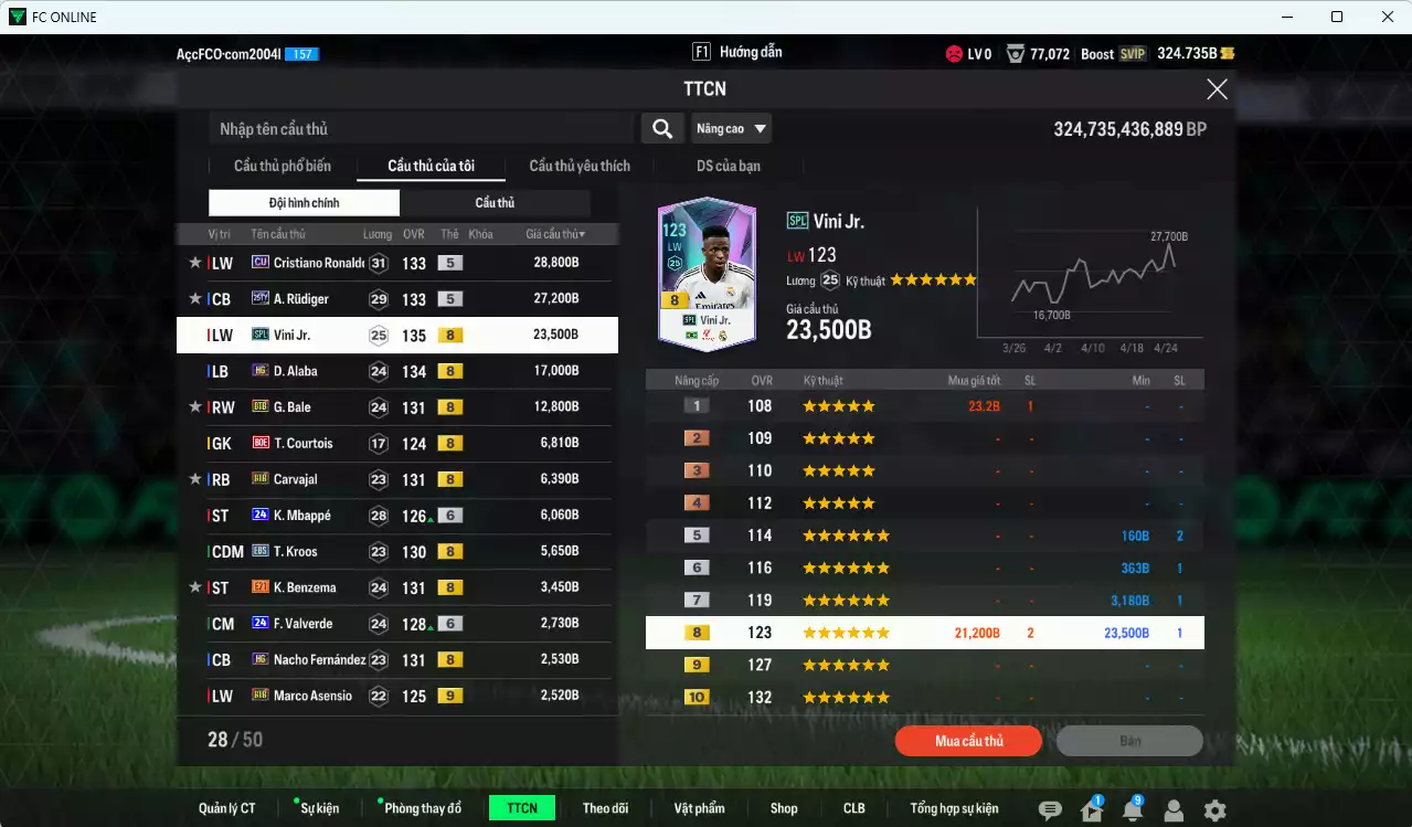 Ảnh [ACC Rẻ🔥] Real Madrid 151.530b có Rudiger TY25, CR7 CU, Vini SPL, Alaba HG, Bale BTB, Carvajal BTB, Mbappé 24UCL+6, Valverde 24UCL+6, Kroos EBS, Benzema E21, Nacho HG, Bellingham 24UCL, Militao CU+6