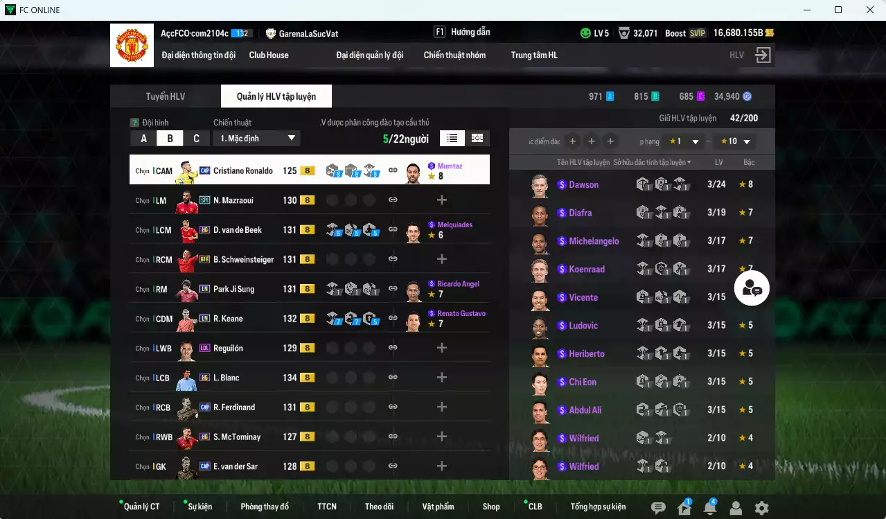Ảnh [Dư nhiều BP] Man Utd. 47.470b dư 16.600b có Blanc HG, CR7 CAP, Mazraoui SPL, Keane LN, Rio CAP, Beek HG, Bastian BTB, Park LN...