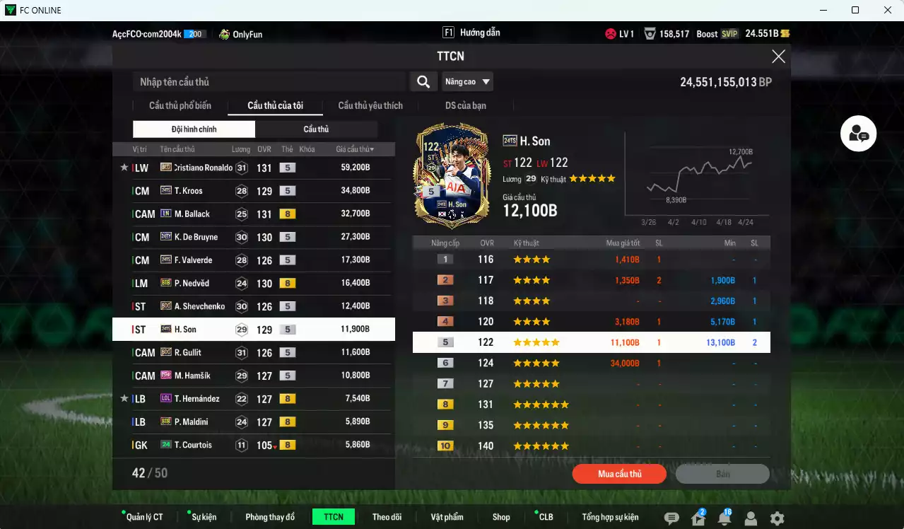 Ảnh [ACC Rẻ🔥] Quốc Dân 263.700b có CR7 BLD, Ballack LN, K. De Bruyne TY24, Kroos TS24, Valverde TS24, Nedved BTB, Sheva BDO, H. Son TS24, Gullit BDO, Hamsik 25HR, Maldini BTB, Van de Ven 23NG... HLV Xịn