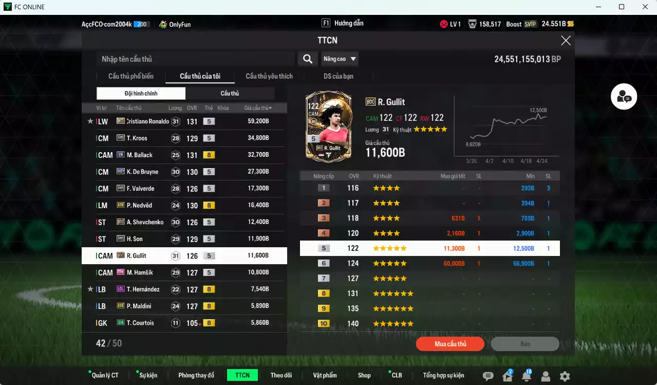 Ảnh [ACC Rẻ🔥] Quốc Dân 263.700b có CR7 BLD, Ballack LN, K. De Bruyne TY24, Kroos TS24, Valverde TS24, Nedved BTB, Sheva BDO, H. Son TS24, Gullit BDO, Hamsik 25HR, Maldini BTB, Van de Ven 23NG... HLV Xịn
