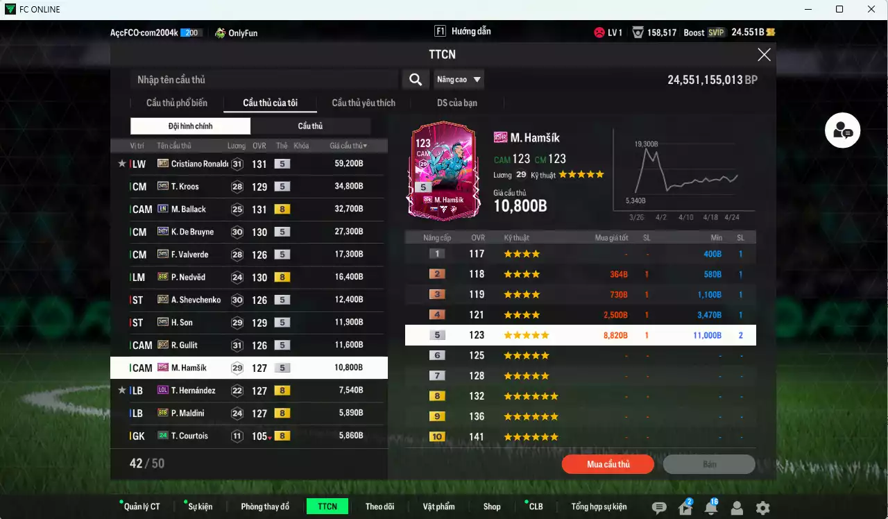 Ảnh [ACC Rẻ🔥] Quốc Dân 263.700b có CR7 BLD, Ballack LN, K. De Bruyne TY24, Kroos TS24, Valverde TS24, Nedved BTB, Sheva BDO, H. Son TS24, Gullit BDO, Hamsik 25HR, Maldini BTB, Van de Ven 23NG... HLV Xịn