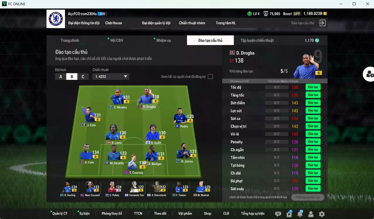Ảnh Chelsea 151.000b có Drogba CC, Gullit CFA, Rudiger BLD, Desailly LN, A. Cole CC, James SPL, Nkunku SPL, Mudryk 23NG, Pulisic TY25, J. Cole LN, Pedro FA, Tomori SPL, Lavia 23NG, Sterling SPL... dư 1100b. HLV Xịn