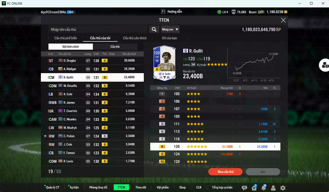 Ảnh Chelsea 151.000b có Drogba CC, Gullit CFA, Rudiger BLD, Desailly LN, A. Cole CC, James SPL, Nkunku SPL, Mudryk 23NG, Pulisic TY25, J. Cole LN, Pedro FA, Tomori SPL, Lavia 23NG, Sterling SPL... dư 1100b. HLV Xịn