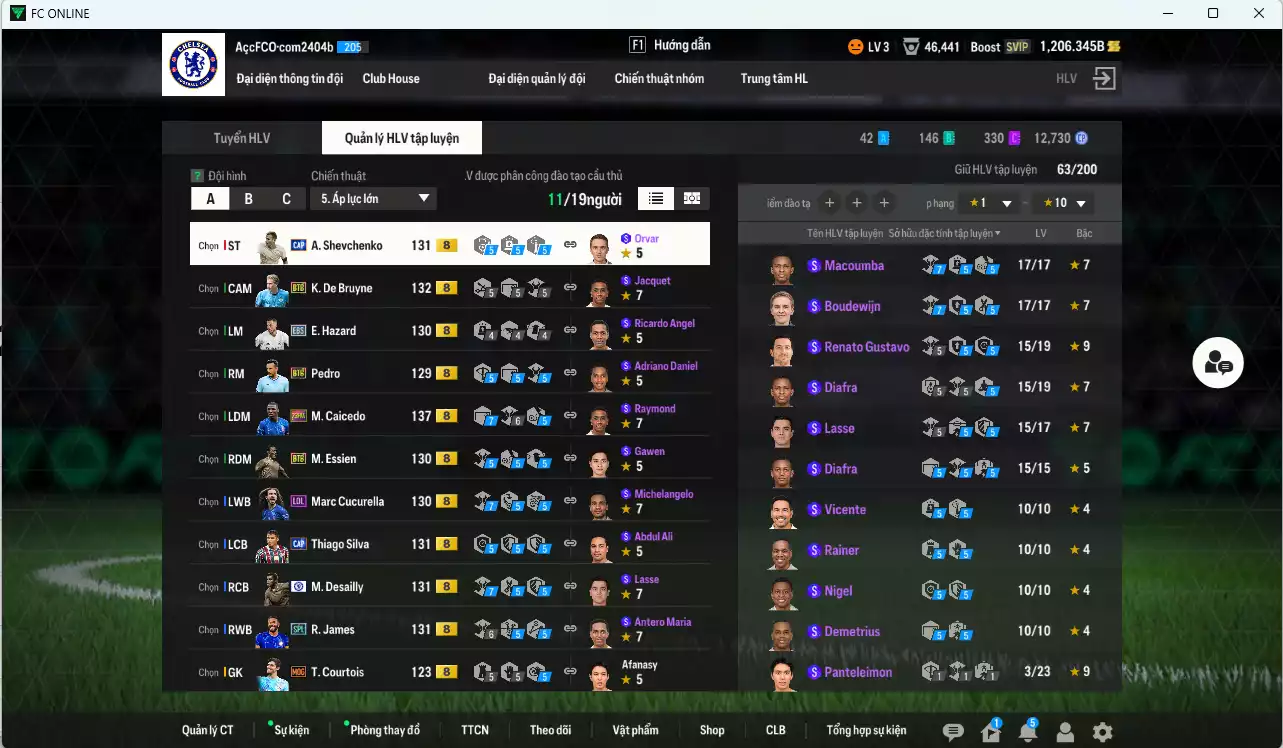 Ảnh Chelsea 95.840b có Caicedo 23HW, K. De Bruyne BTB, Desailly CFA, Sheva CAP, James SPL, Thiago Silva CAP, Hazard EBS, Courtois RMA, Essien BTB, Pedro BTB, Cucurella LOL dư 1200b. HLV Xịn
