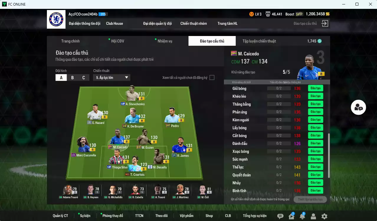 Ảnh Chelsea 95.840b có Caicedo 23HW, K. De Bruyne BTB, Desailly CFA, Sheva CAP, James SPL, Thiago Silva CAP, Hazard EBS, Courtois RMA, Essien BTB, Pedro BTB, Cucurella LOL dư 1200b. HLV Xịn