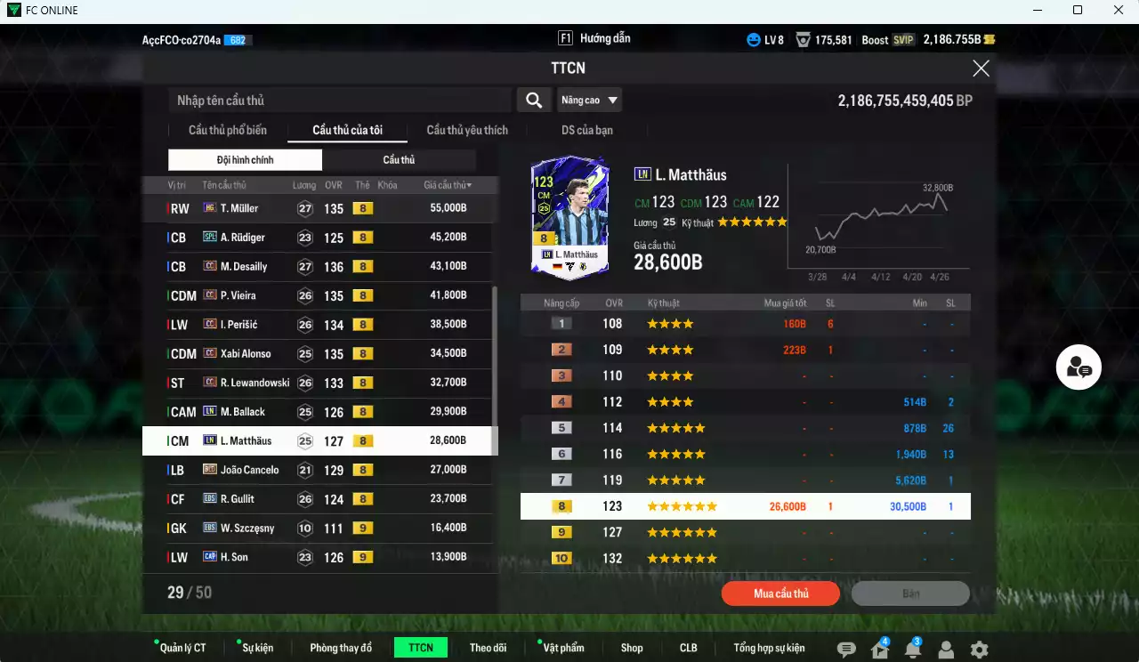Ảnh [ACC Rẻ 🔥, VIP KC Tháng 5] Team CC+8 mix Quốc Dân Best 1.031.890b có Forlán CC, Henry CC, Kane HG, Lúcio CC, Sheva CC, CR7 BLD, Del Piero ITM+3, Muller HG, Rudiger SPL, Desailly CC, Sheva CC, Perisic CC, Lewandowski CC... Dư 2000b