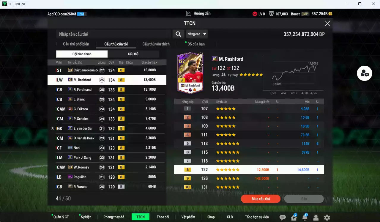 Ảnh [ACC Rẻ🔥] Man Utd. 83.840b có CR7 RTN, Rashford HG, Ferdinand LN, Blanc HG, Eriksen CC, Scholes LN, VDS LN, Beek HG, Nani EBS, Park LN, Rooney RTN, Reguilon LOL