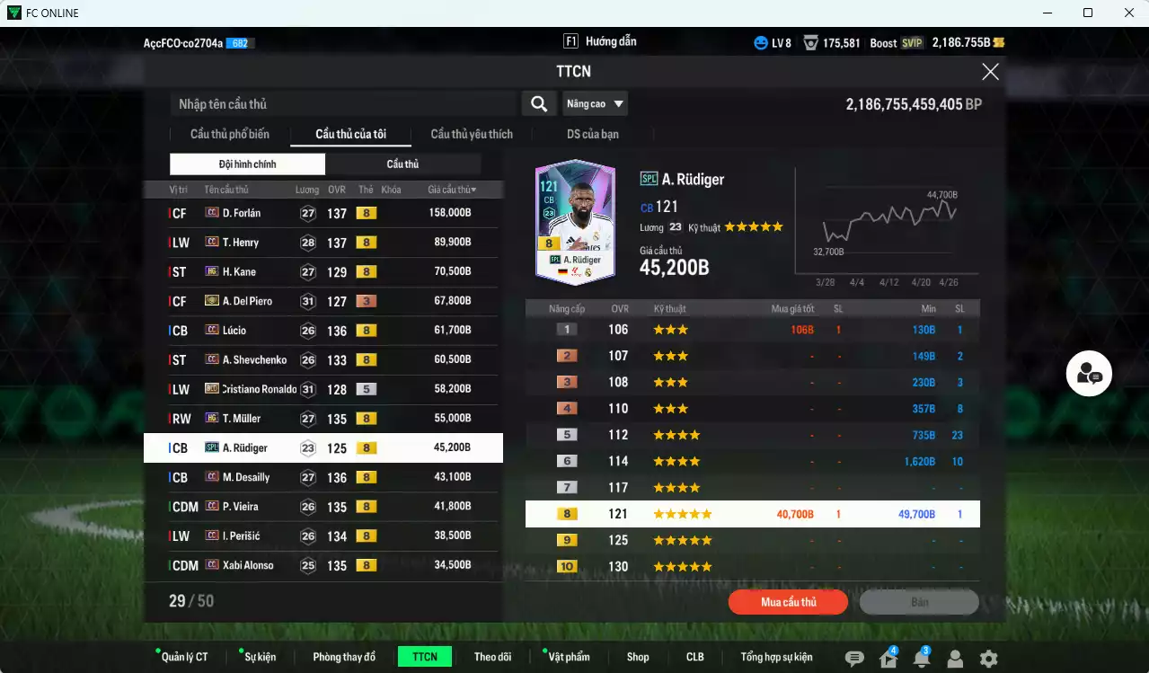 Ảnh [ACC Rẻ 🔥, VIP KC Tháng 5] Team CC+8 mix Quốc Dân Best 1.031.890b có Forlán CC, Henry CC, Kane HG, Lúcio CC, Sheva CC, CR7 BLD, Del Piero ITM+3, Muller HG, Rudiger SPL, Desailly CC, Sheva CC, Perisic CC, Lewandowski CC... Dư 2000b
