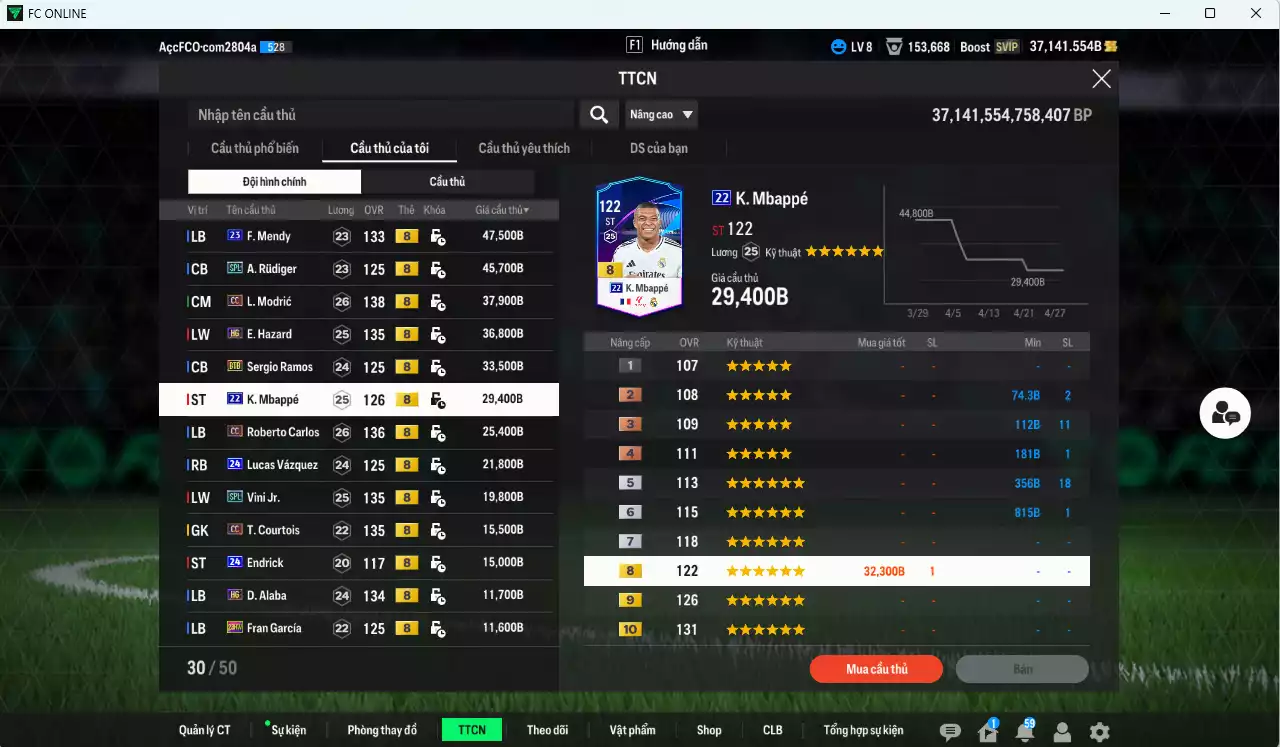 Ảnh [ACC Rẻ🔥, VIP BK Tháng 5] Real Madrid 1.068.810b dư 37.000b có Kroos HG (limit), Beckham CC, Rodrygo 23HW, CR7 WC22, Valverde TY23+8, Mbappé 22UCL, Cannavaro CC, Militao 24UCL, Tchouaméni 24UCL, Mendy 23UCL, Rudiger SPL, Modric CC... HLV Xịn