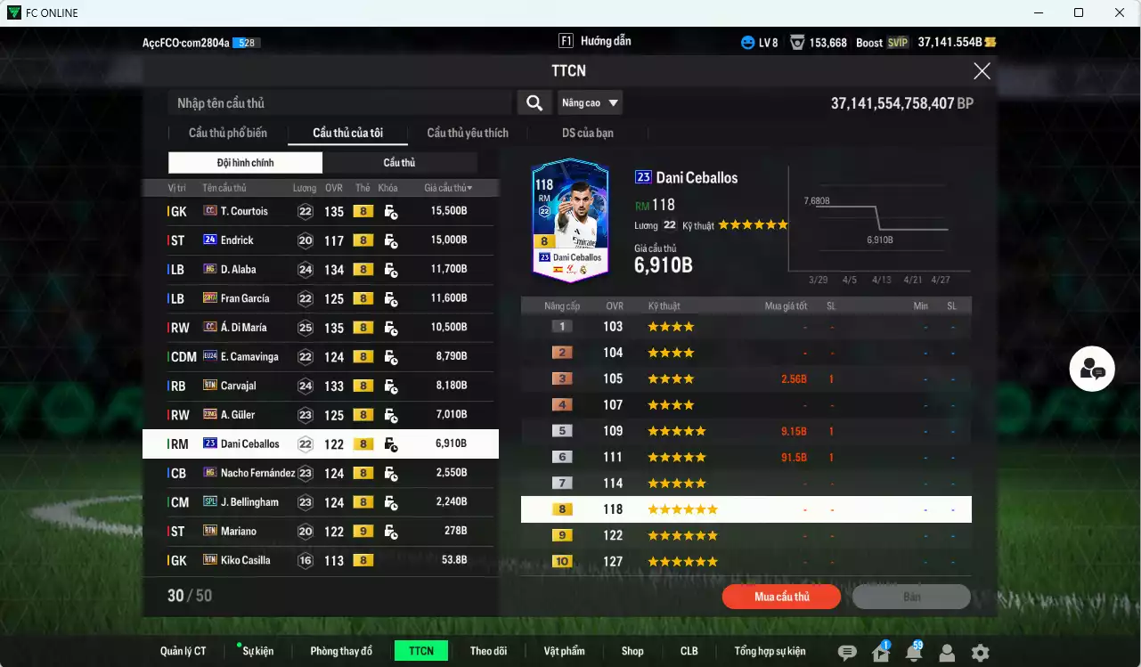 Ảnh [ACC Rẻ🔥, VIP BK Tháng 5] Real Madrid 1.068.810b dư 37.000b có Kroos HG (limit), Beckham CC, Rodrygo 23HW, CR7 WC22, Valverde TY23+8, Mbappé 22UCL, Cannavaro CC, Militao 24UCL, Tchouaméni 24UCL, Mendy 23UCL, Rudiger SPL, Modric CC... HLV Xịn