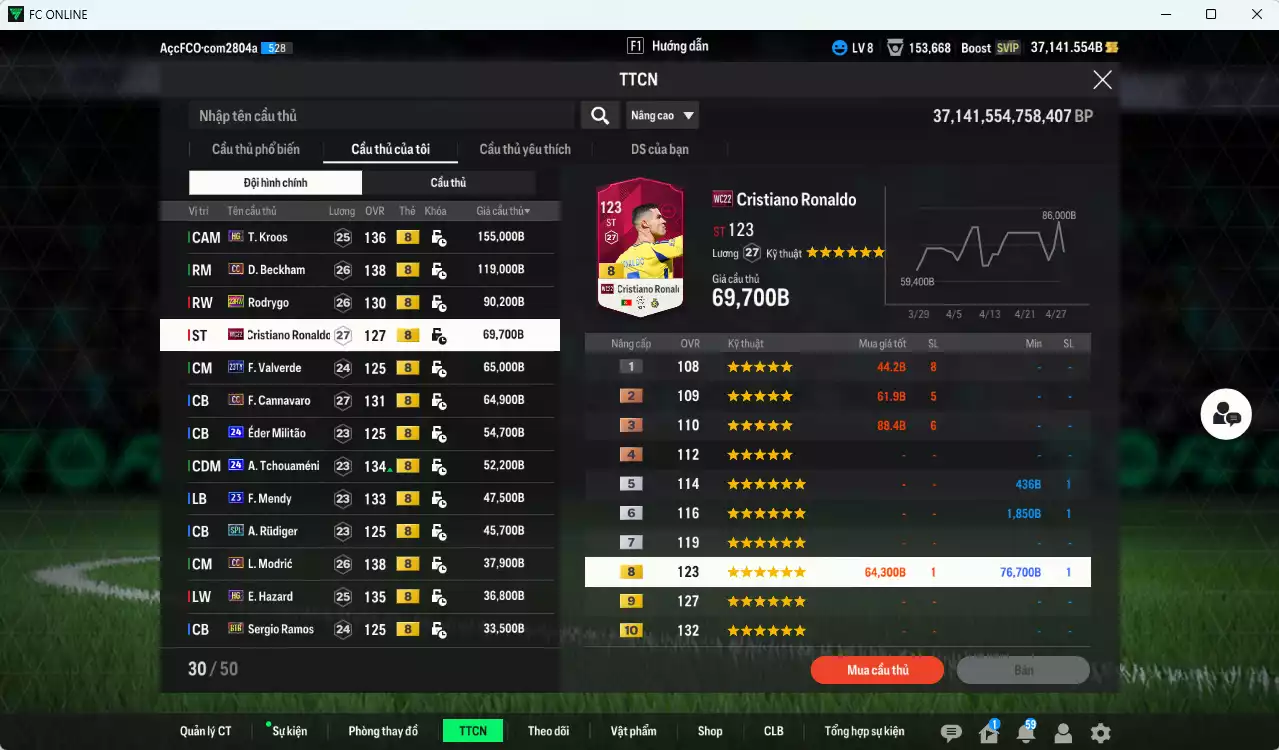 Ảnh [ACC Rẻ🔥, VIP BK Tháng 5] Real Madrid 1.068.810b dư 37.000b có Kroos HG (limit), Beckham CC, Rodrygo 23HW, CR7 WC22, Valverde TY23+8, Mbappé 22UCL, Cannavaro CC, Militao 24UCL, Tchouaméni 24UCL, Mendy 23UCL, Rudiger SPL, Modric CC... HLV Xịn