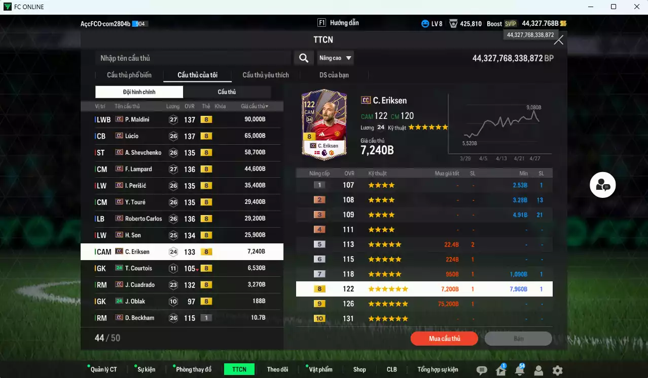 Ảnh [Dư nhiều BP, ACC Rẻ🔥] Full mùa CC+8 395.190b dư 44.000b có Maldini, Lúcio, Sheva, Lampard, Perisic, Carlos, Y. Touré, H. Son, Eriksen, Cuadrado CC+8 . Còn nhiều CP GIẢM THUẾ, HLV Xịn